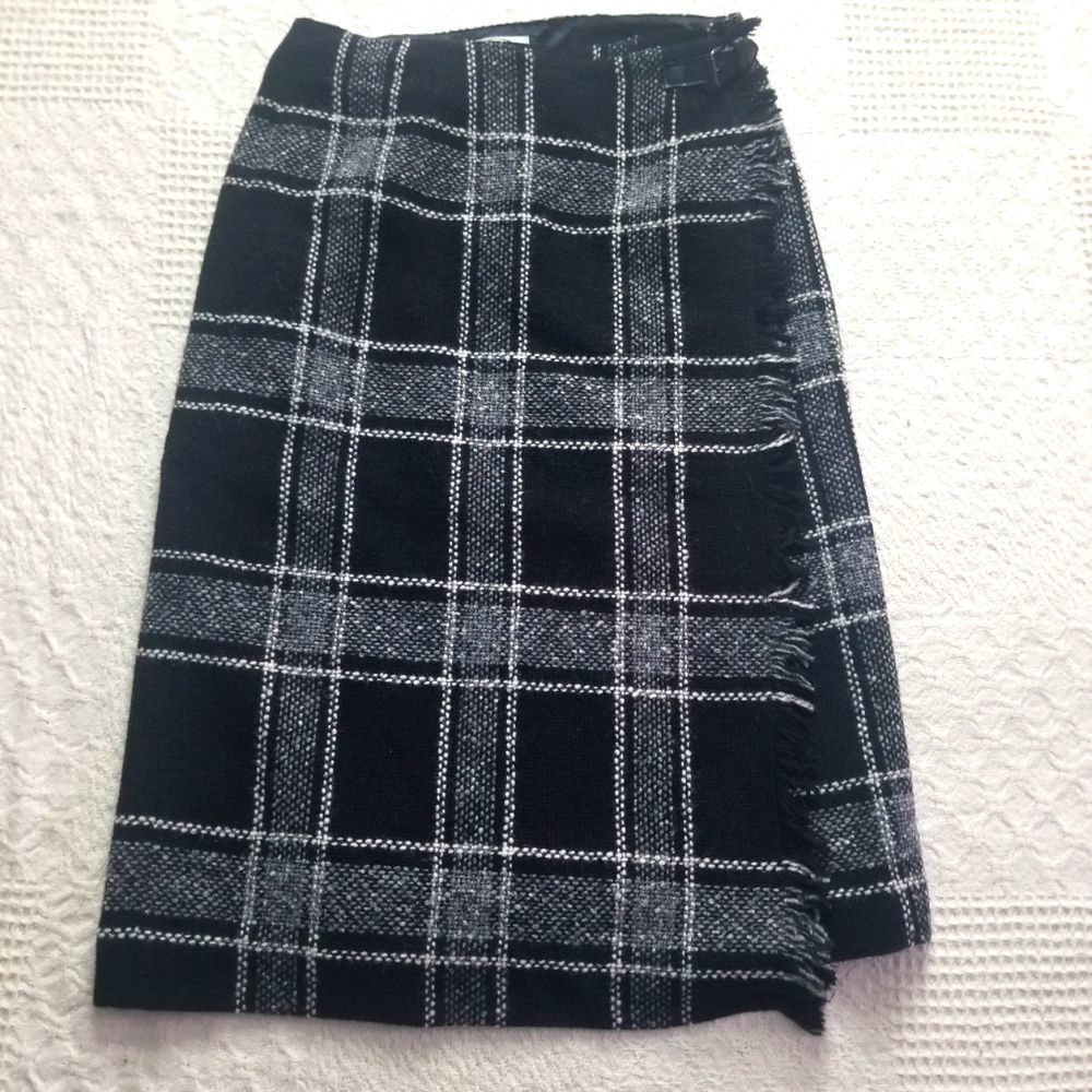 Vintage Talbots Wool Plaid Fringe Midi Skirt